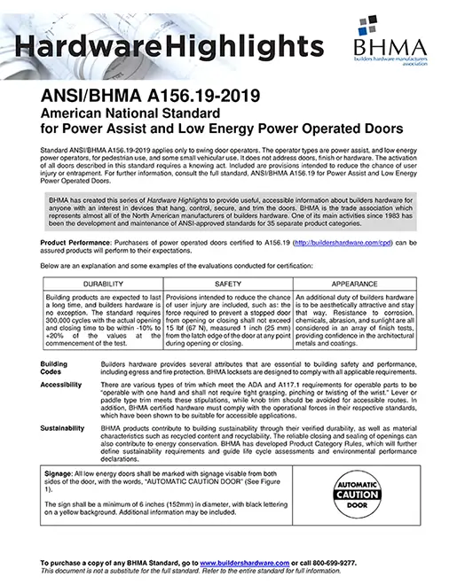 BHMA ANSI 156.19 Hardware Highlights